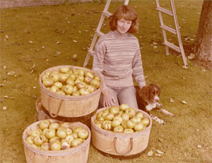 A woman and a dog kneeling on the floor surrounded by piles of apples