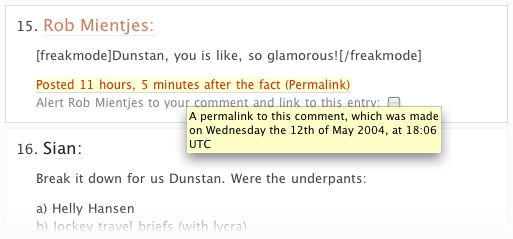 A screen shot showing a comment’s post time as a timestamp