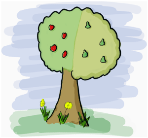A cartoon of a tree with different fruit on each half